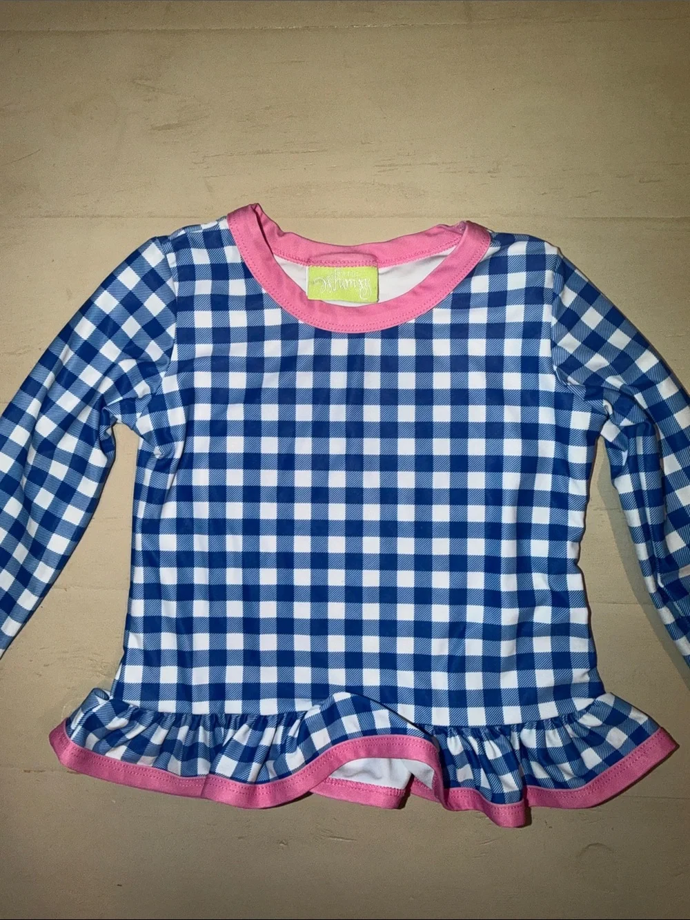 Blue Gingham Long-Sleeve Rash Guard Set with Pink Trim - Kids Swim